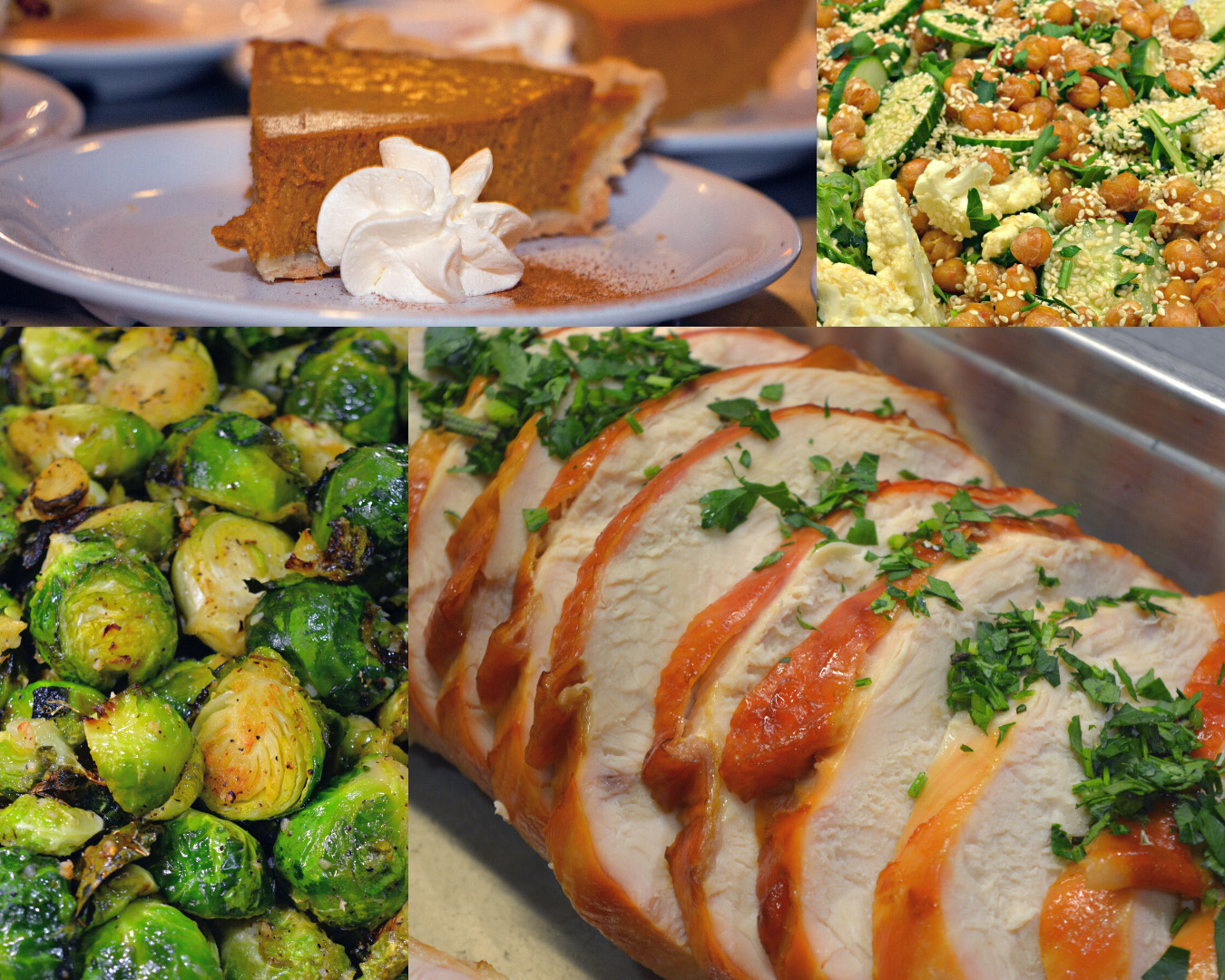 a collage of four images: a piece of pumpkin pie, a salad mix of cauliflower, greens, and chickpeas, roasted brussels sprouts, and slices of turkey with garnish.