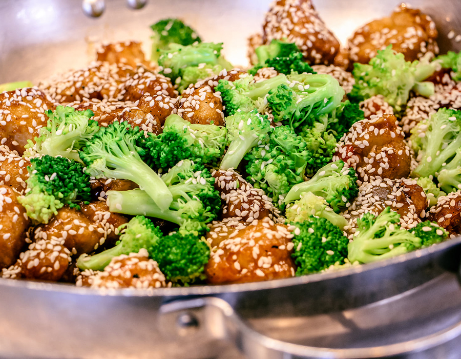 Sesame chicken with broccoli.