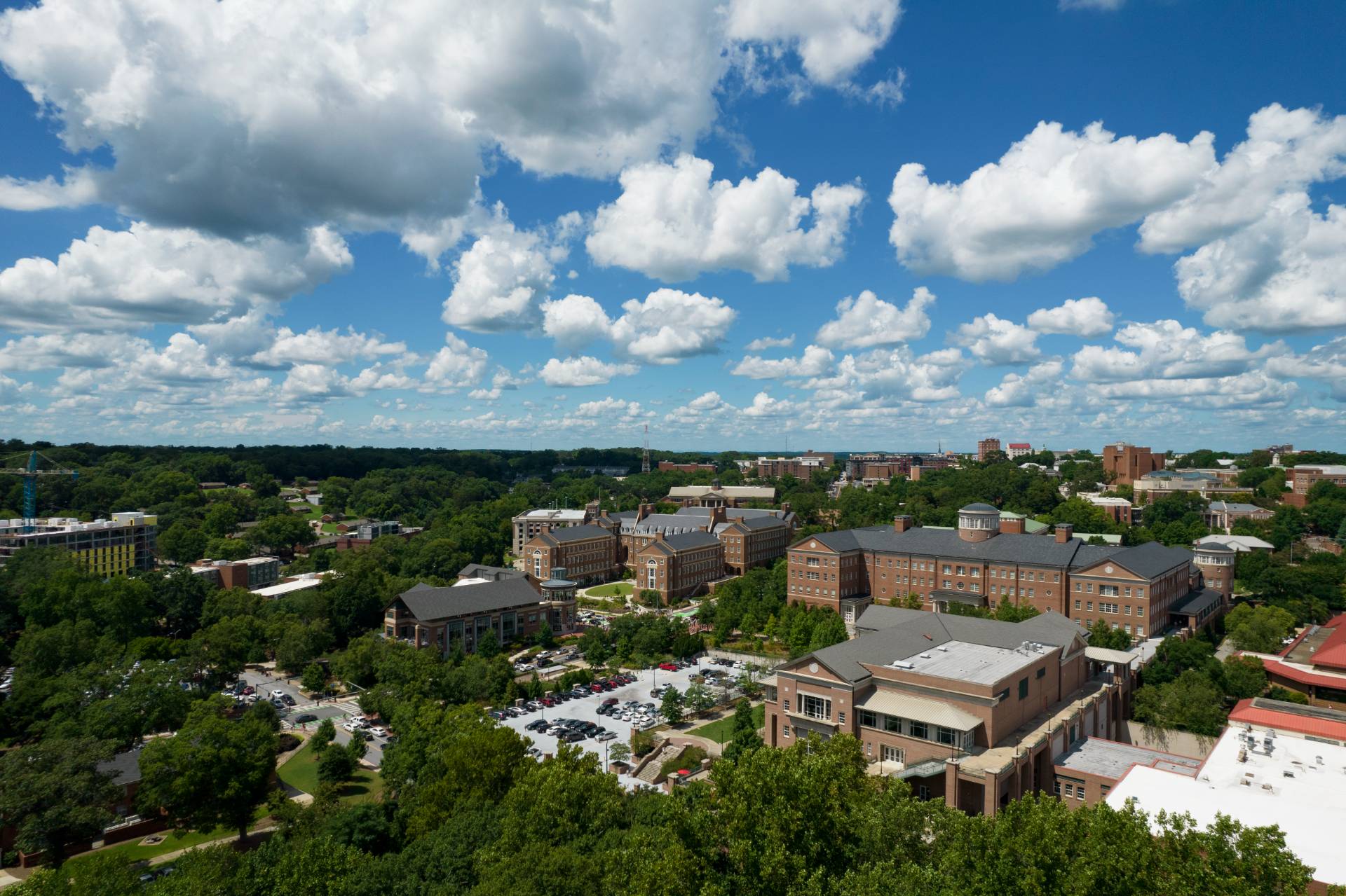 An aerial photograph of central campus including Tate, MLC, and the College of Business.