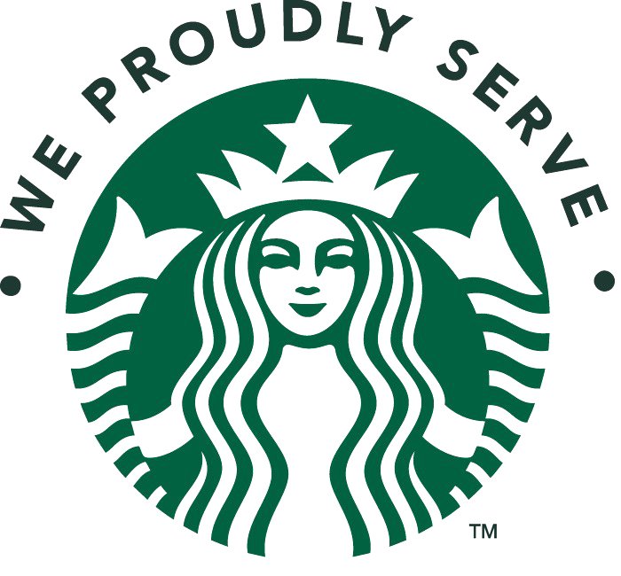 A graphic with text that reads "We proudly serve," above the Starbucks logo.