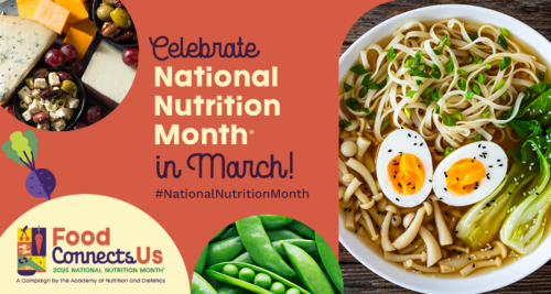 A text graphic that reads "Celebrate National Nutrition Month in March, #NationalNutritionMonth, Food Connects Us."