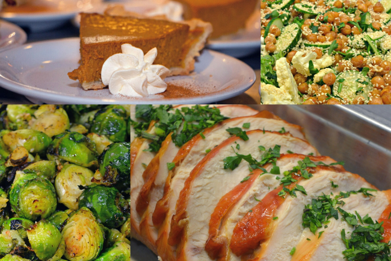 a collage of four images: a piece of pumpkin pie, a salad mix of cauliflower, greens, and chickpeas, roasted brussels sprouts, and slices of turkey with garnish.