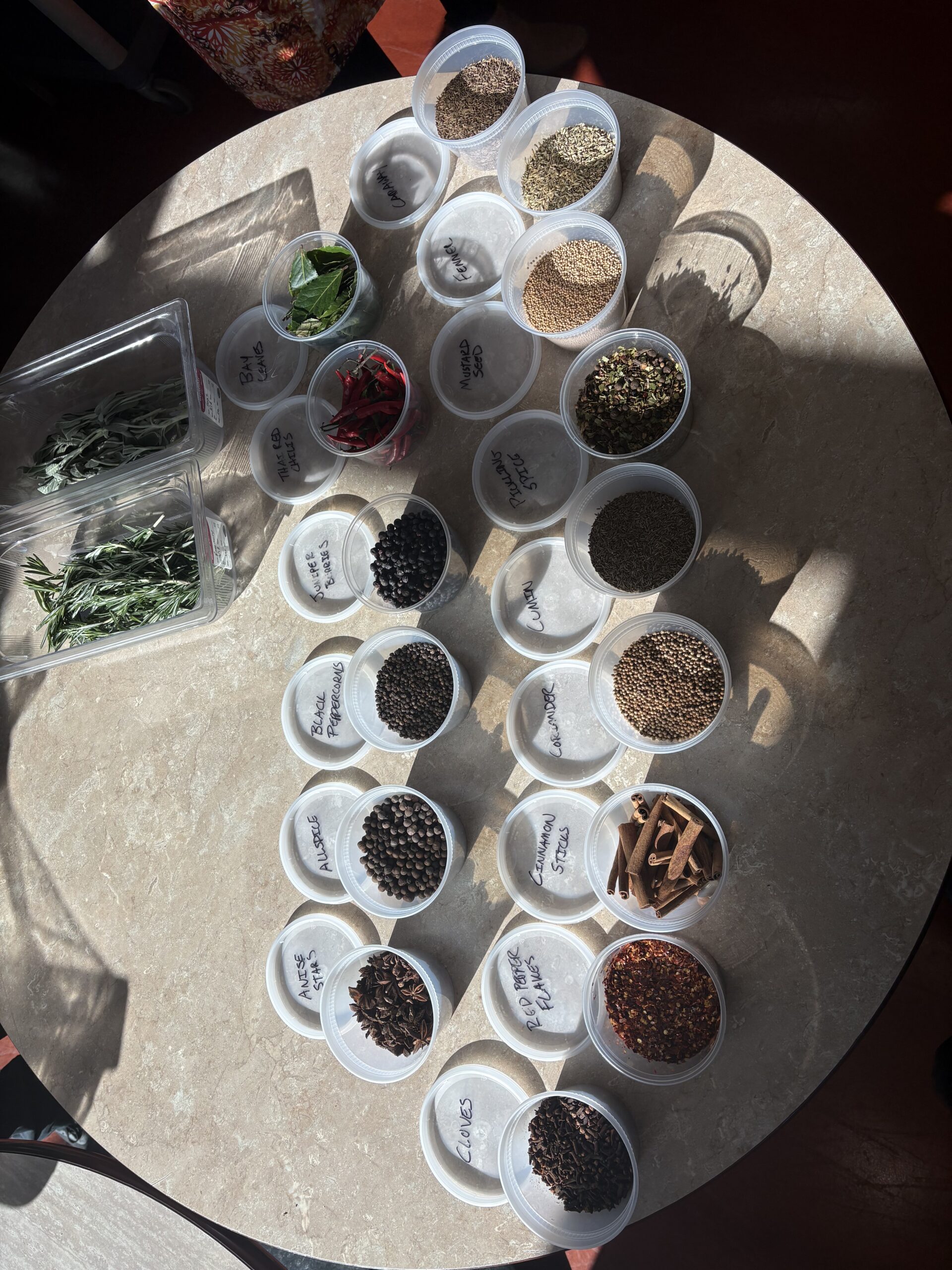 Overview of all of the spices that Chef Kevin prepared to allow students to customize their pickling experience. 