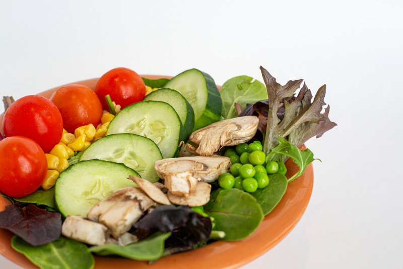 A photograph of a plate of salad with rows of tomatoes, corn, cucumbers, mushrooms, peas, and greens.