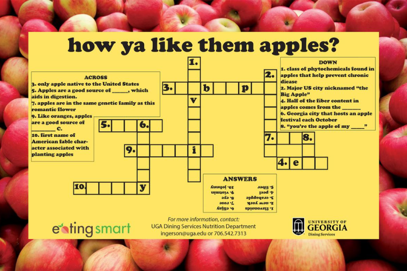 Image of a fall apples crossword puzzle made by UGA Dining.