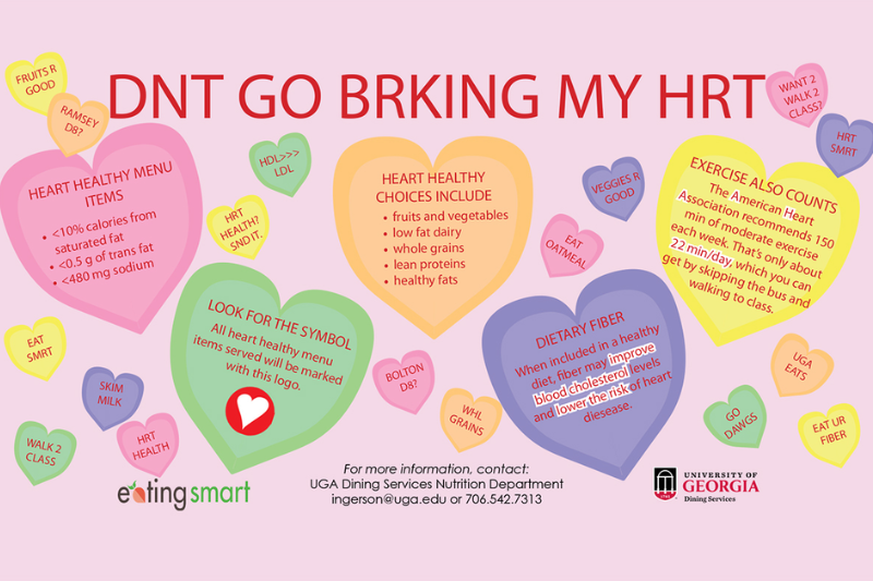 Valentine's Day graphic designed by UGA Dining to promote heart healthy food choices.