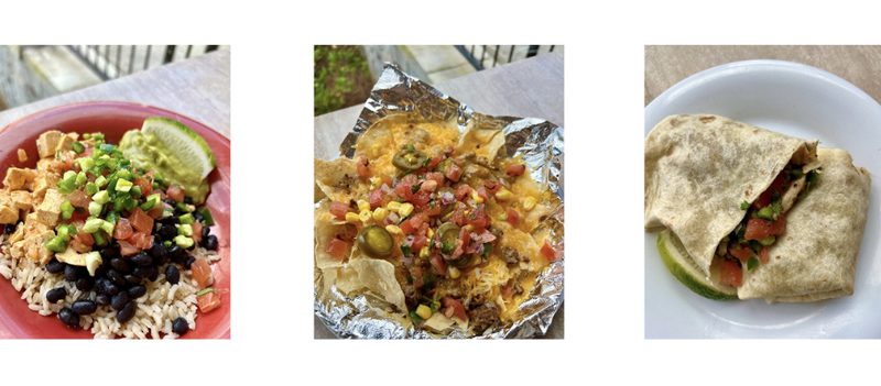 From left to right: Burrito bowl with beans, rice, tofu, tomatoes, and a lime on the side. Nachos with tomatoes, cheese, and jalapenos on top. Burrito cut in half. 